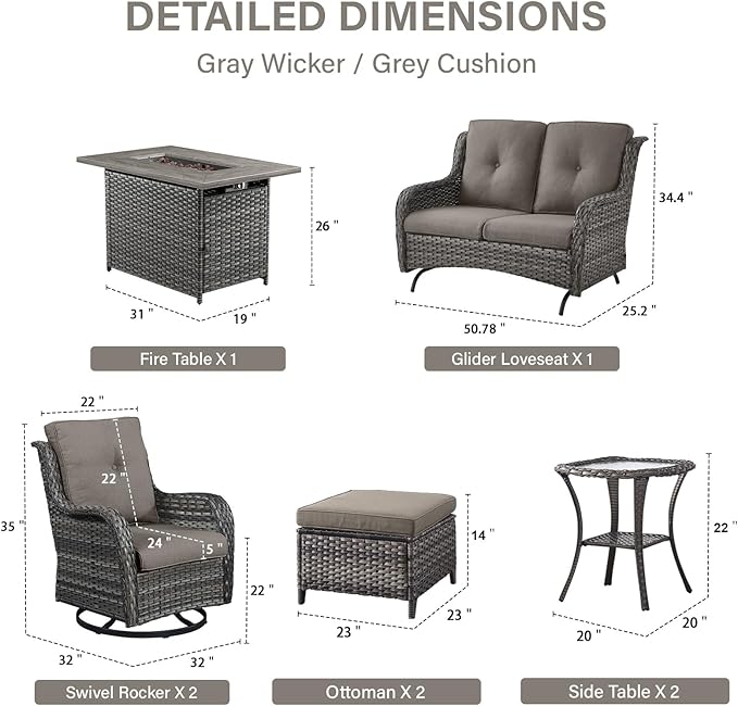 Belord 8 Piece Outdoor Patio Furniture Set - 41" CSA Propane Fire Pit Table Patio Conversation Set with Swivel Rocker Outdoor Chairs, Wicker loveseat and Ottoman for Outside Casual Gathering