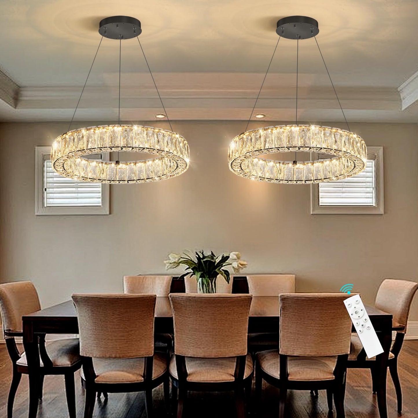 HAIXIANG Modern Crystal Chandelier Dimmable LED 16 Inch Ring Pendant Lights Adjustable Glam Chandeliers Lighting Fixtures for Dining Room Living Room Bedroom Black Light