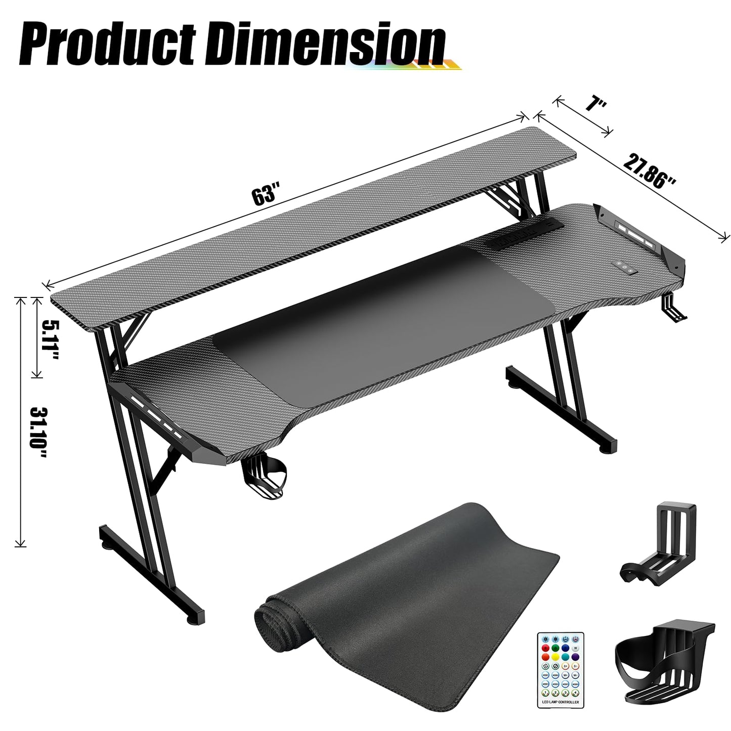 VidaTeco 63 Inch Smart Gaming Desk, Gamer Computer Desk with Phone-Controlled LED Lights & Mouse Pad, Power Outlet, Monitor Stand, Side Hook, Ergonomic Work Desks for Home Office, Carbon Fiber Black
