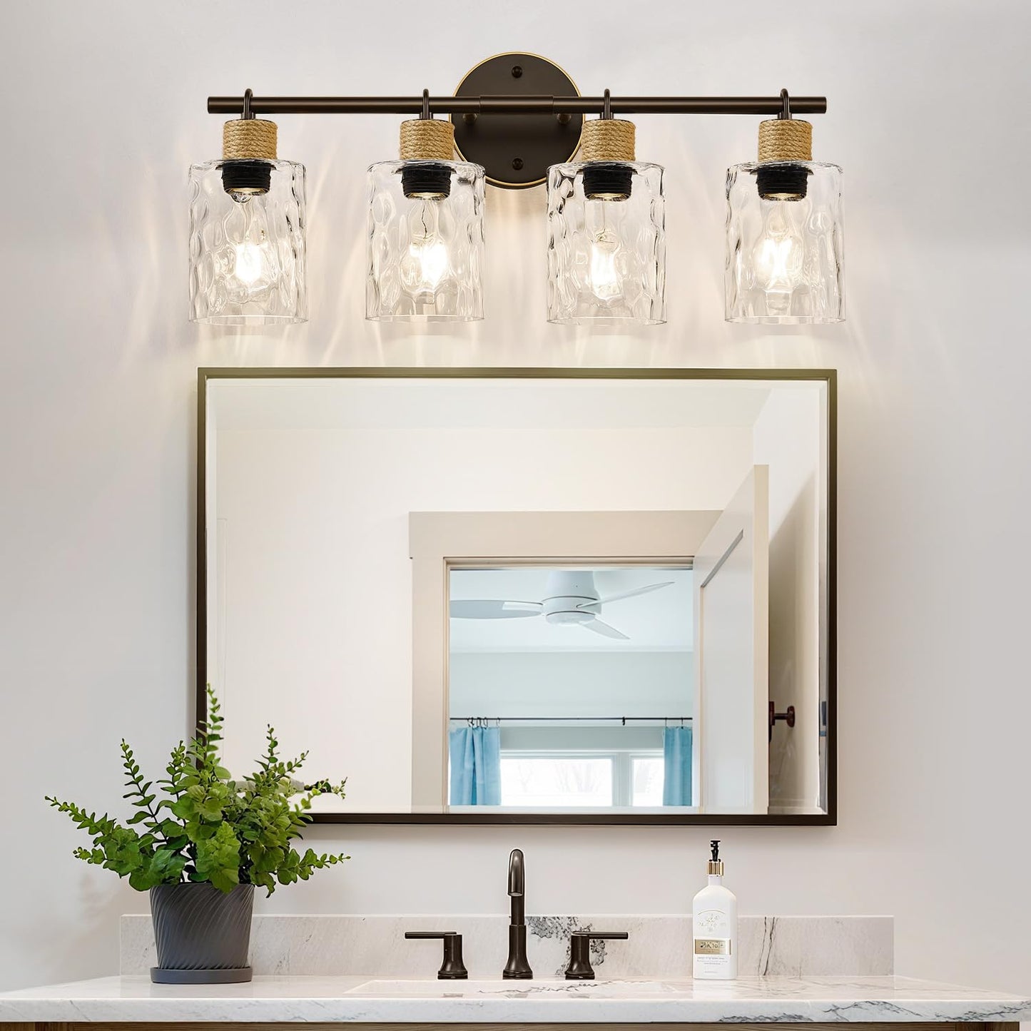 MOKATNG Bathroom Light Fixtures, 4-Light Coastal Vanity Lights with Crystal Glass Shade, Oil-Rubbed Bronze Bathroom Wall Lamp for Mirror Kitchen Hallway Cabinet