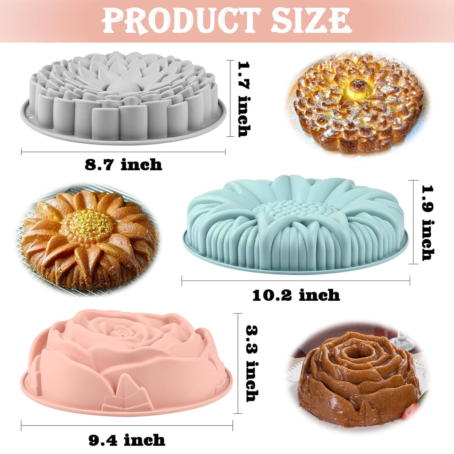 Sakolla 3 Pack Flower Shape Silicone Cake Molds, Large Round Silicone Molds for Baking Cake, Breads, Pies, Tarts, Jello (Rose, Chrysanthemum, Sunflower)