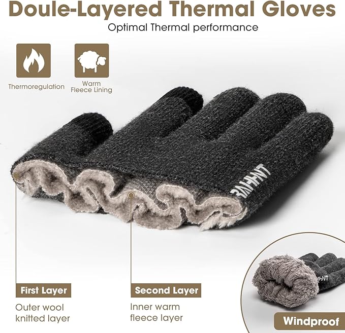 Rahhint Wool Winter Gloves Men Women Fleece lined Knit Gloves with Touchscreen Fingers Insulated Gloves Keep Hand Warm Gift