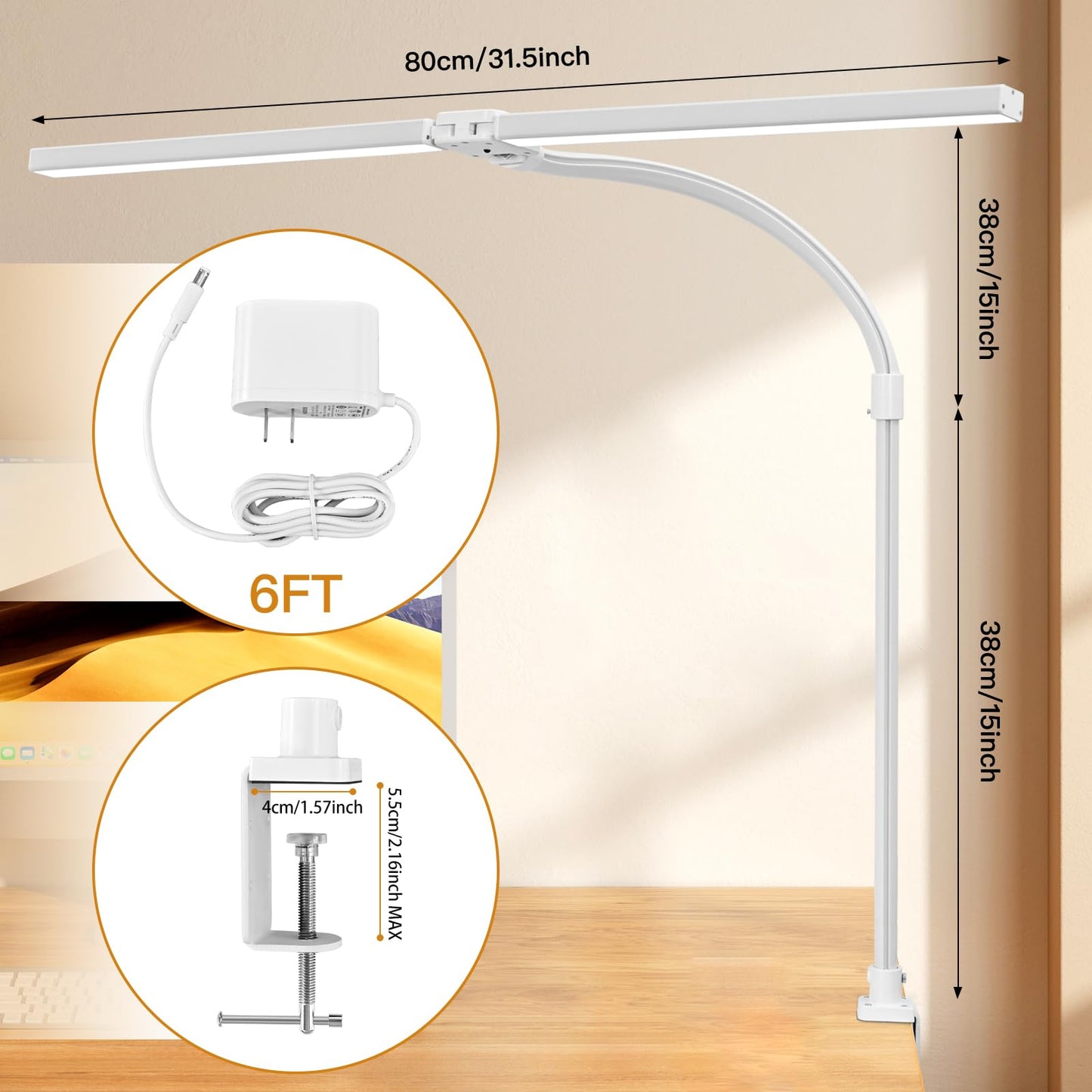 MACASA Double Head LED Desk Lamp with Remote Control for Home Office 24W Brightest Computer Desk Light for Workbench Drafting Architect Study Reading with Anti-Glare Cover