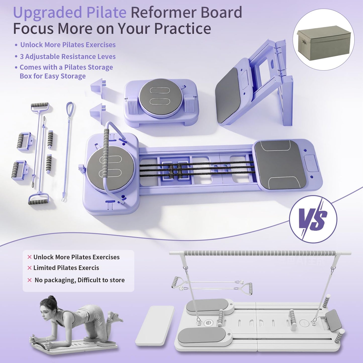 Lerpio Pilates Reformer Board with 3 Adjustable Resistance, 60'' Foldable & Portable Pilates Machine for Home Use, Tool-Free Assembly, Includes Storage Box and 3 Yoga Socks (Purple)