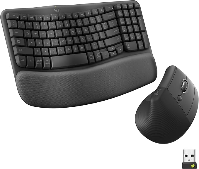 Logitech Wave Keys & Lift Vertical Mouse - Ergonomic Wireless Keyboard and Mouse Combo - with Cushioned Palm Rest, Easy-Sw...