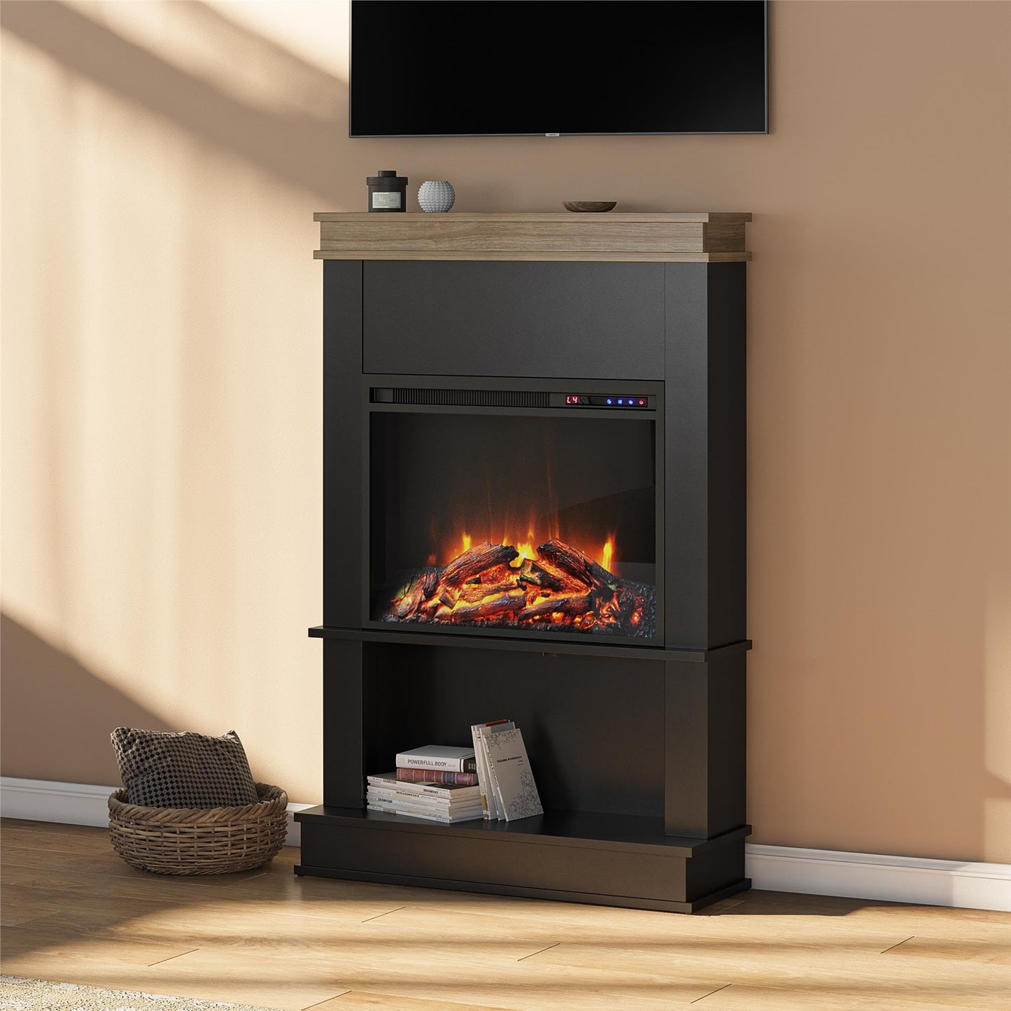 Ameriwood Home Mateo 30" Electric Fireplace, Black, Engineered Wood, Freestanding, Remote Control, Realistic Log & Flame Effect, Model 1081501COM