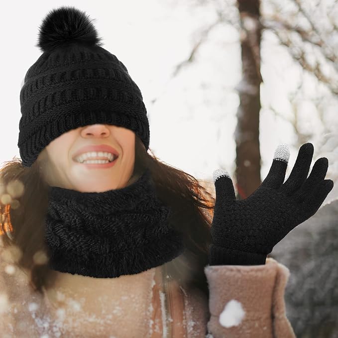 SATINIOR 5 Pcs Winter Hat Scarf Gloves Set Fleece Warm Lined Knit Beanie Hat Touch Screen Earmuff Gloves Warmer for Women(Black,Basic Style)