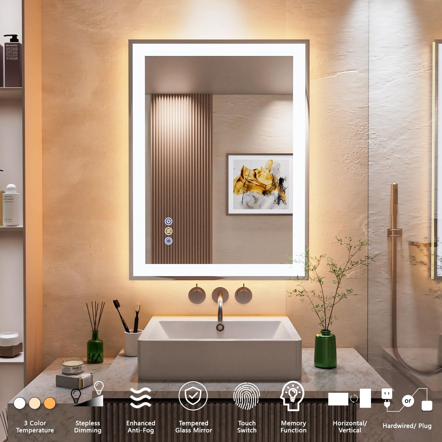 Callsky 24"x 32" LED Mirror for Bathroom, Front and Backlit Controlled Separately LED Wall Vanity Mirror, LED Vanity Mirror with Lights, Stepless Dimmable, Anti Fog, Tempered Glass, Memory (UL ETL)