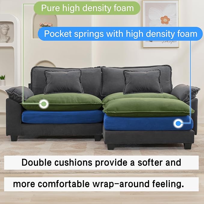 Oprisen 86" Modular Sectional Sofa, Comfy Cloud Couch Sectional Sofa with Ottoman, Velvet Sofa Sleeper Deep Seat Sofa with Throw Pillows for Living Room (Blue Gray, 86"- L Shape)