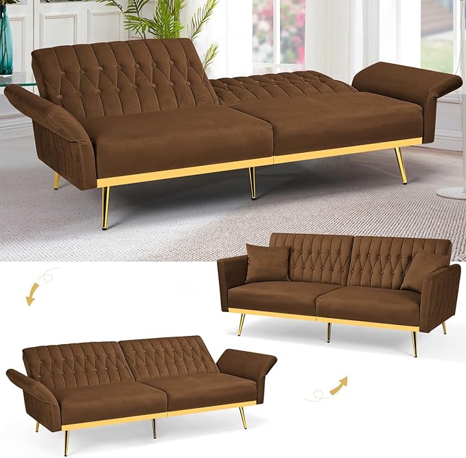 ACMEASE 70” Velvet Futon Sofa Bed with 2 Pillows and Adjustable Armrests, Convertible Sleeper Bed W/Adjustable Backrests, Modern Loveseat for Living Room, Bedroom, Brown