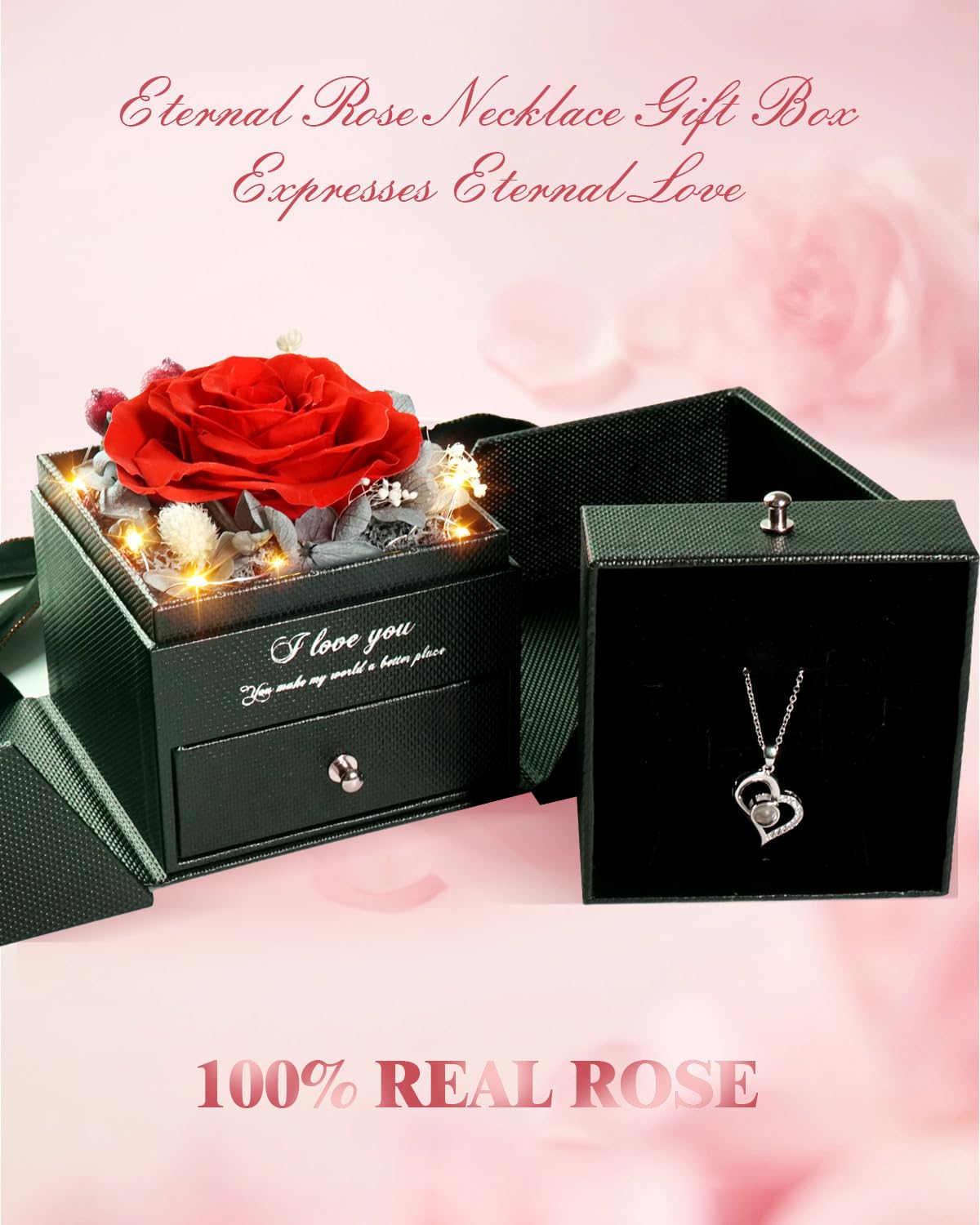 Birthday Gifts for Women, Preserved Real Roses with Heart Necklace I Love You in 100 Languages, Romantic Anniversary Wedding Gifts for Women Her Girlfriend Wife, Forever Roses Necklace Gift Box Red