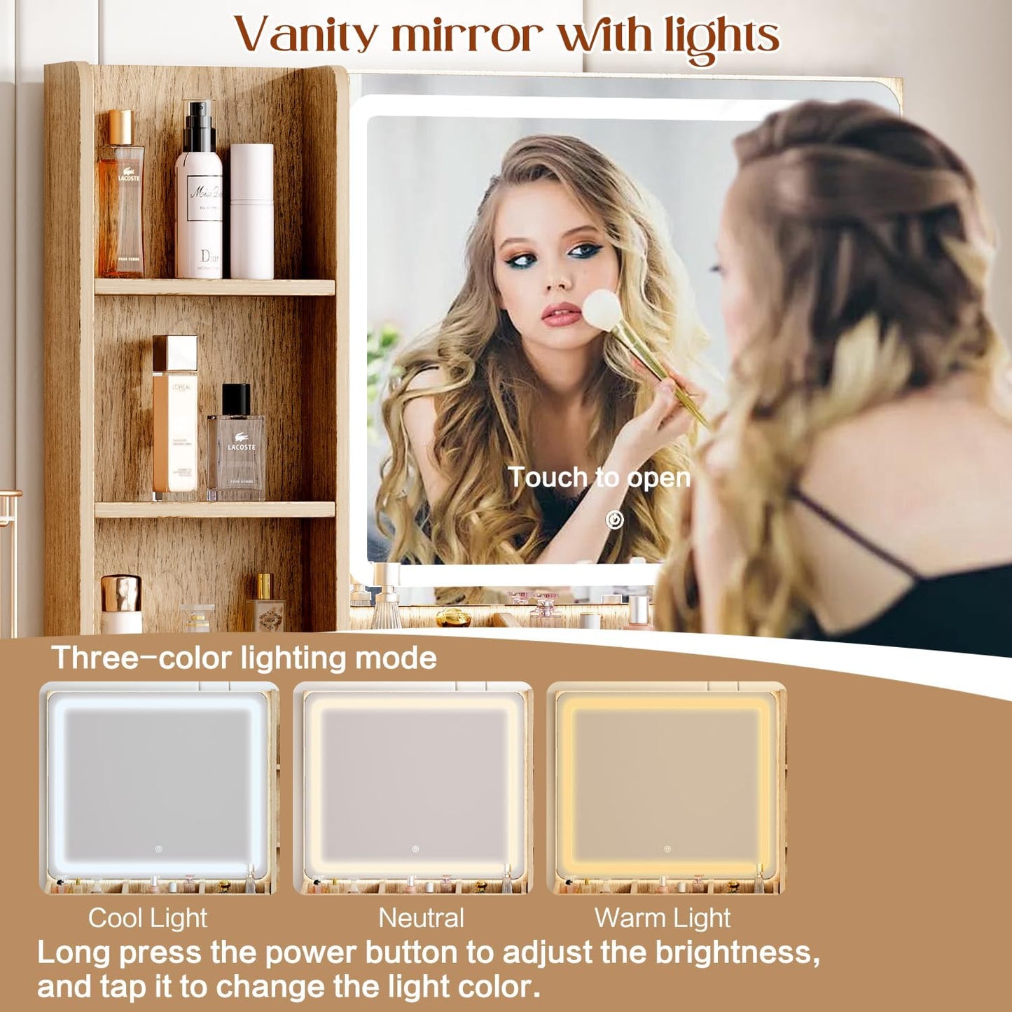 Large Vanity Desk with 3 Color Touch Screen Dimming Mirror, Vanity Desk with Charging Station, Modern Retractable Makeup Dressing Table, Makeup Table With storage shelves and 5 Sliding Drawers, Oak