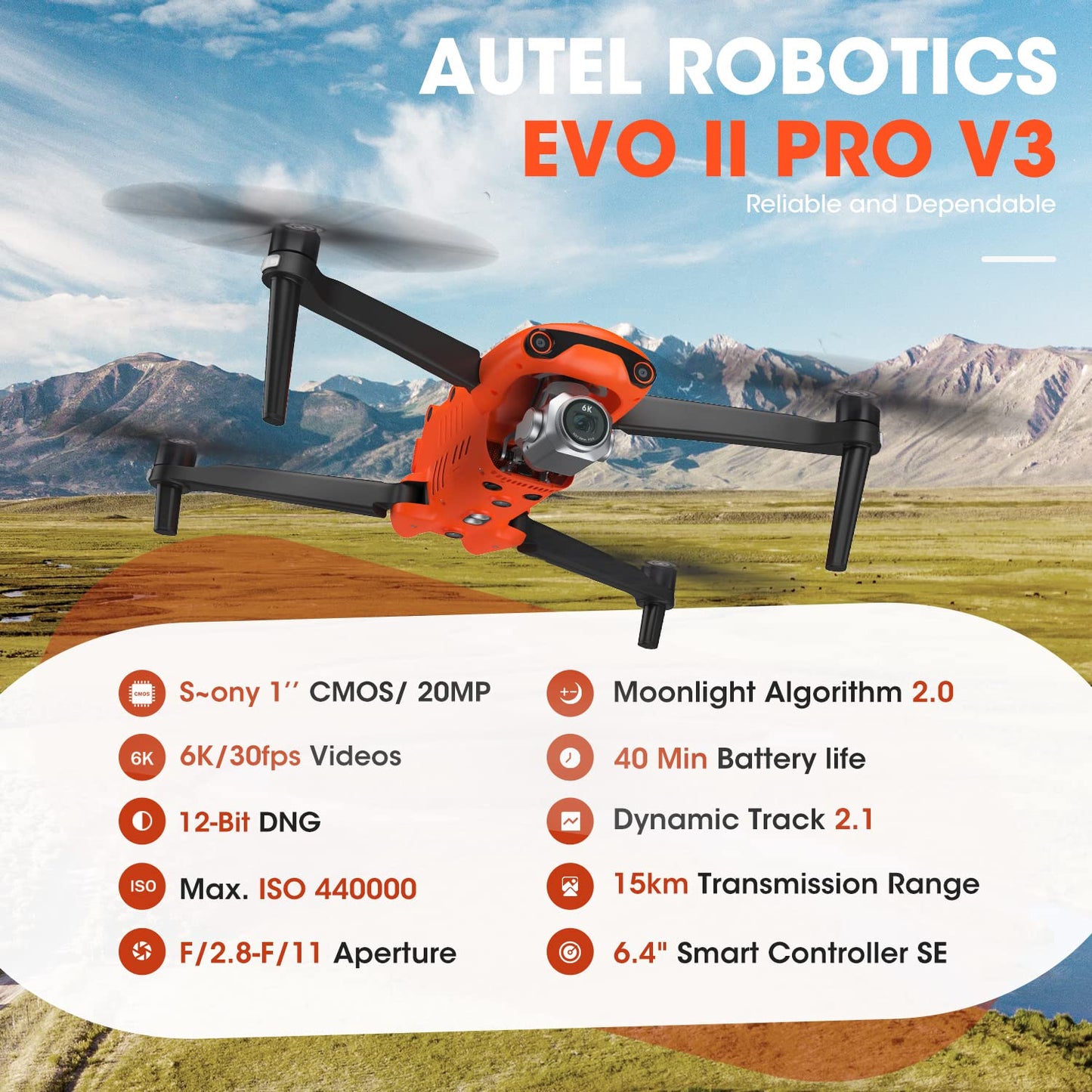 Autel Robotics EVO 2 Pro V3: Son-y 1" CMOS Sensor & 6K HDR Video, Moonlight Algorithm 2.0, Max ISO 44000,12-Bit DNG, 6.4" Smart Controller SE,15KM Transmission, 360° Obstacle Avoidance, 40 Minutes