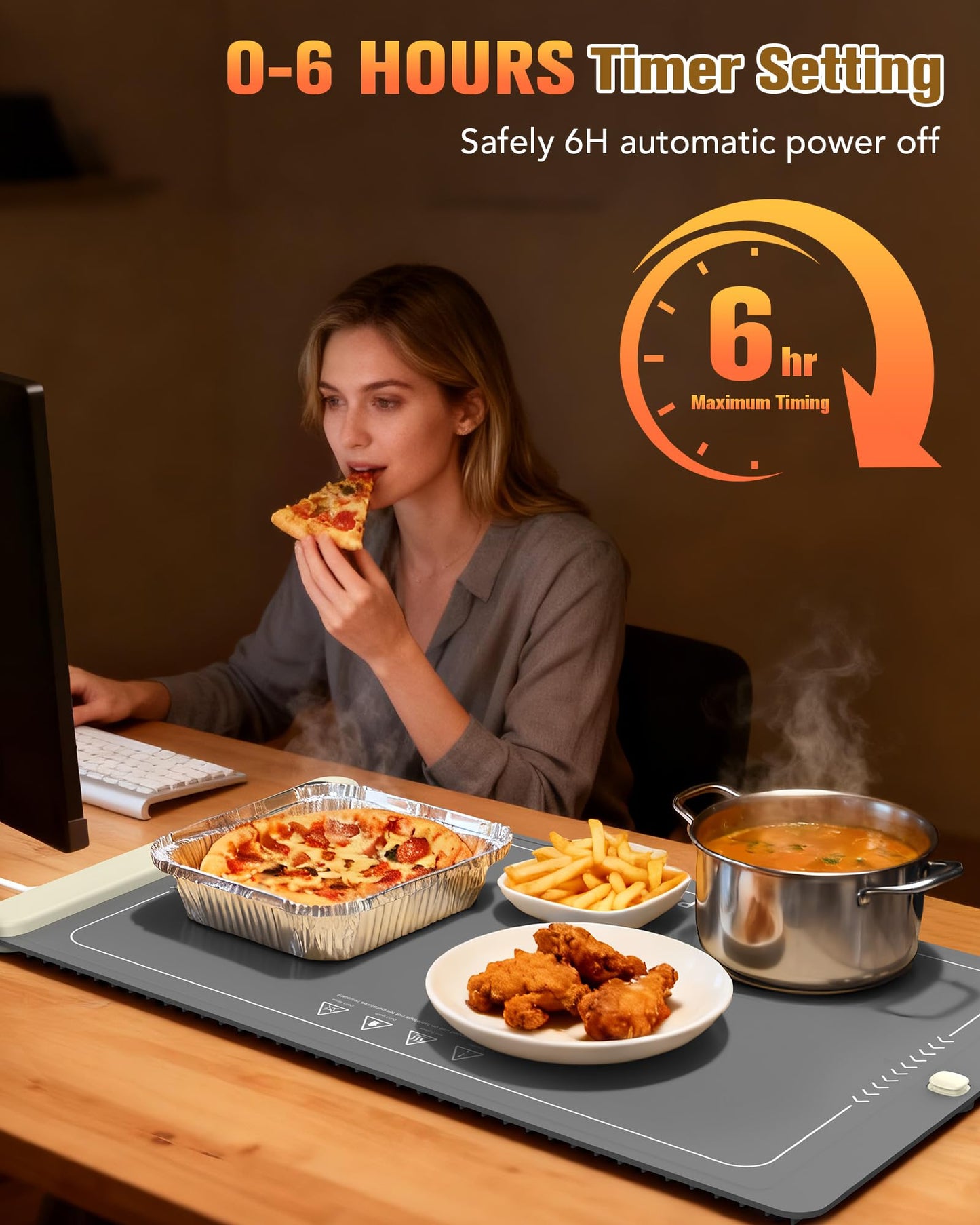 Potahouse® Warming Mat for Food, Graphene Full-Surface Fast Heating, Electric Warming Tray with 6 Temp & Timer Settings, Rollable & Portable Silicone Food Warmer for Parties, Home and Travel, Gray
