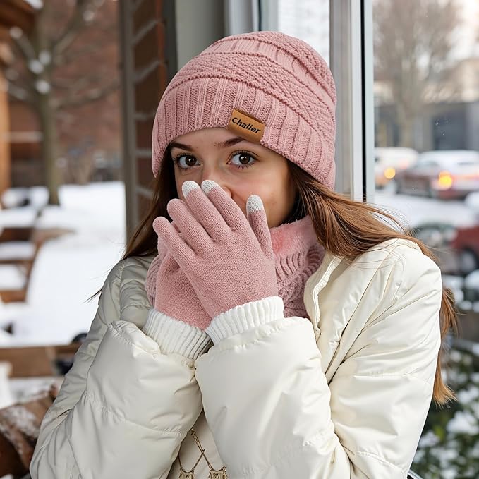 Winter Hats for Women Beanie Hat Warm Thick Knit Skull Cap Hat and Scarf Gloves Sets