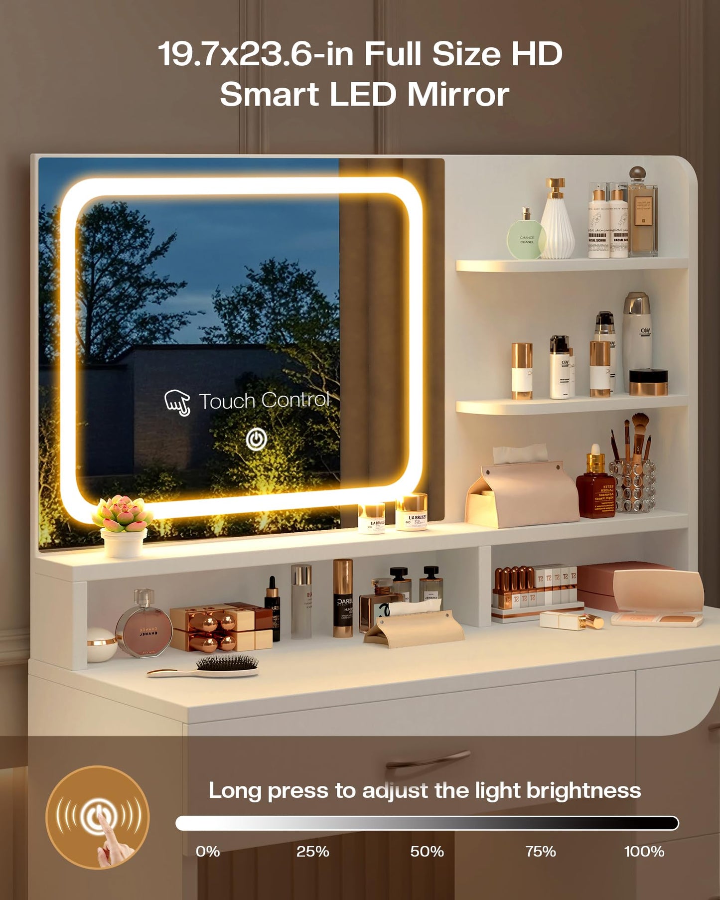 LIVELYGLOW Makeup Vanity Desk with Smart LED Mirror & Charging Station, 34.1" White Vanity Table Set with Cushioned Stool, 4 Drawers & Hairdryer Rack, Modern Bedroom Dressing Table-White