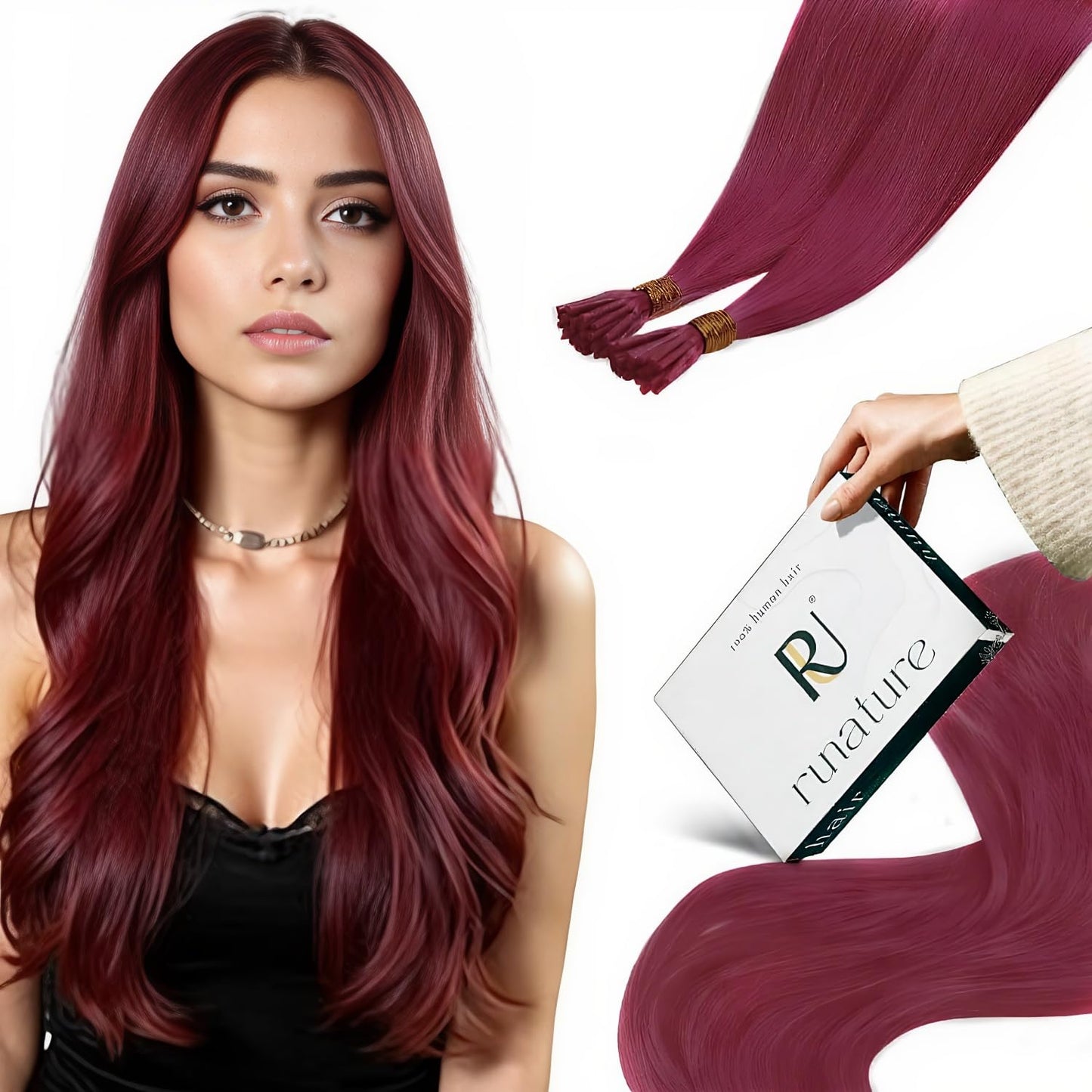 RUNATURE I Tip Hair Extensions Real Human Hair I Tip Extensions Burgundy I Tip Human Hair Extensions for Highlight Long Remy Hai