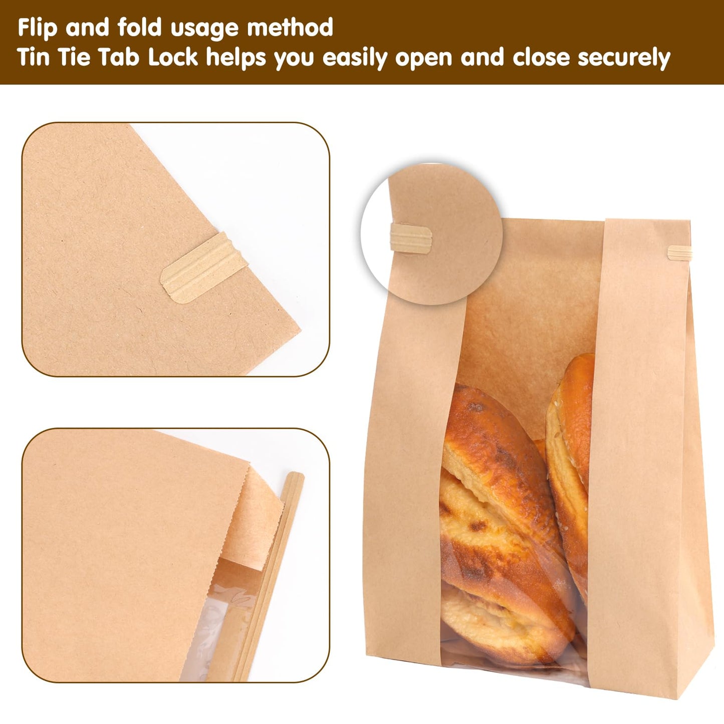 Moretoes 120 Pack Large Paper Bread Bags for Homemade Baked Goods, 13.7x8.3x3.5 Inches, Sourdough Bread Bags with Tin Tie Tab and Clear Front Window, Includes 144 Label Seal Stickers (Brown)
