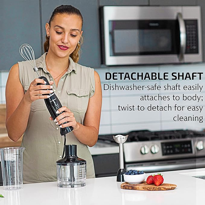 OVENTE Immersion Hand Blender Set, 300W Corded Electric Handheld Stick Mixer, 2 Mixing Speeds with Stainless Steel Blades, Egg Whisk, Beaker & BPA-Free Food Chopper, Black HS565B