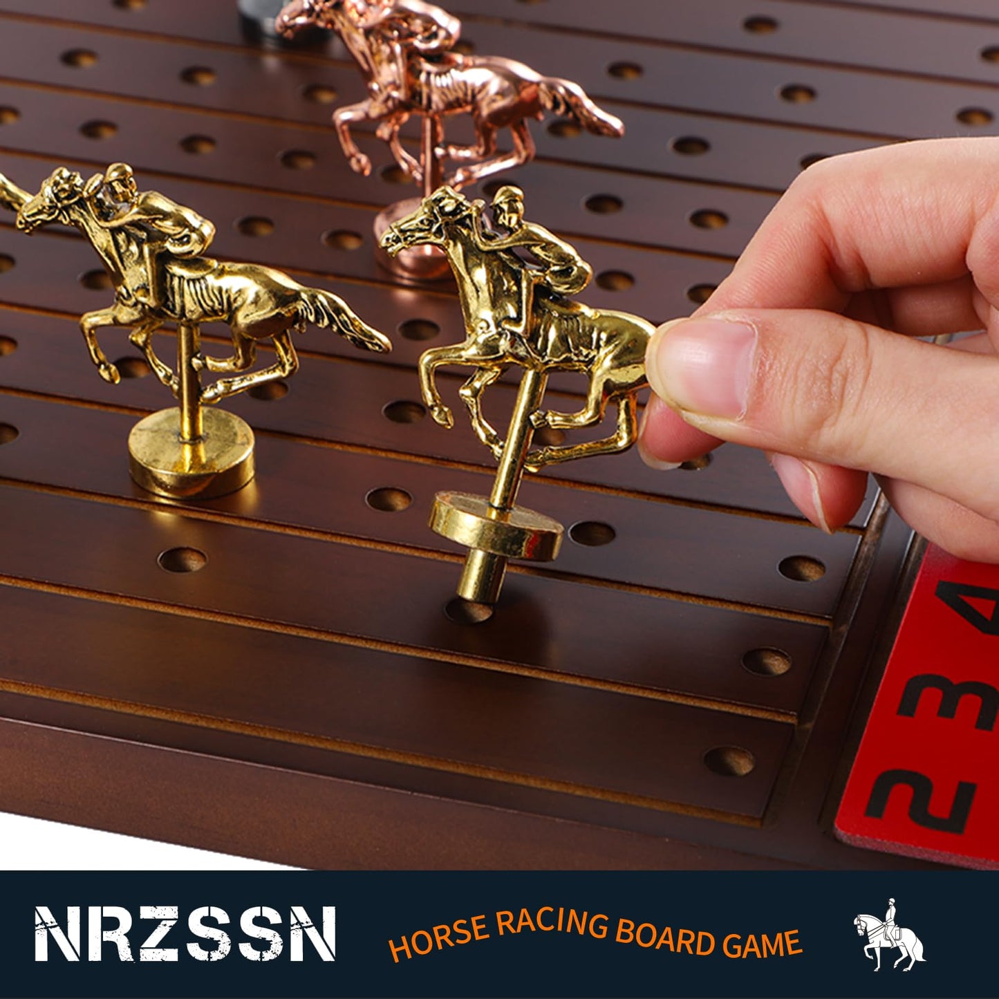 NRZSSN Horse Race Board Game with 11 Luxurious Durable Classic Metal Horses with 4 Dice and 2 Boxes of Cards Thickened Solid Wood Horse Racing Dice Game (Walnut Color，Rectangle)