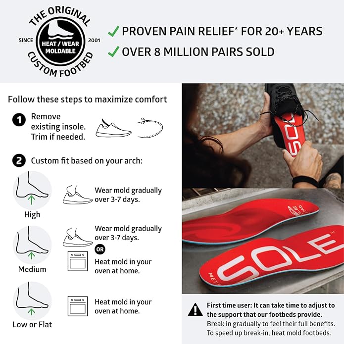SOLE Active Medium Insoles - Custom Moldable Orthotic Support for Any Arch Type, Plantar Fasciitis Relief - Multiple Sizes