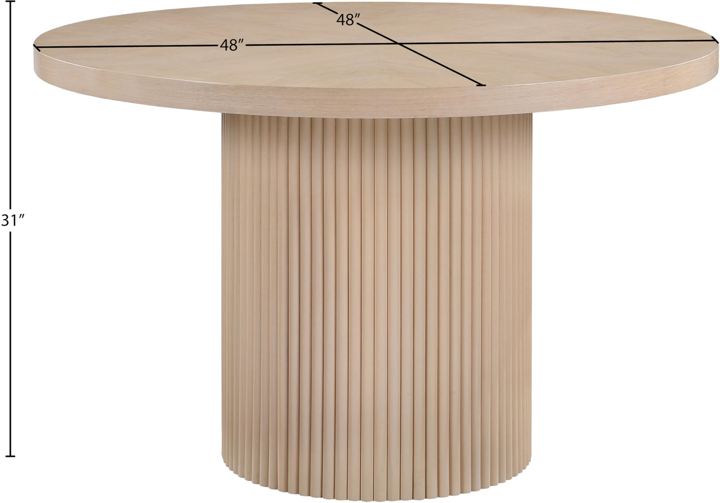 Meridian Furniture 728Oak-T Belinda Collection Mid-Century Modern Dining Table, Solid Wood Base, Natural Finish Oak Wood Veneer MDF Top, Round Top, Fluted Base, 48" W x 48" D x 31" H, Oak