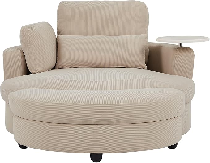 Yoglad Oversized Round Swivel Accent Chair - 360 Degree Chairs with Ottoman Armrest Tray Ideal for Living Room, Bedroom(Corduroy Beige)