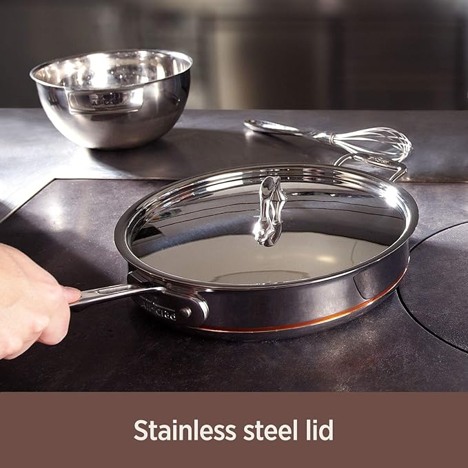 All-Clad Copper Core 5-Ply Stainless Steel Sauté Pan with Steel Lid 3 Quart Induction Oven Broiler Safe 600F Pots and Pans, Cookware Silver