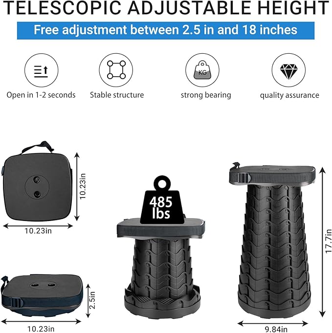 ZTMT Upgraded Square Folding Stool, Max Load Capacity 485lbs, Portable Collapsible Seat, Telescoping Foldable Stool for Camping,Fishing,Hiking,Travel