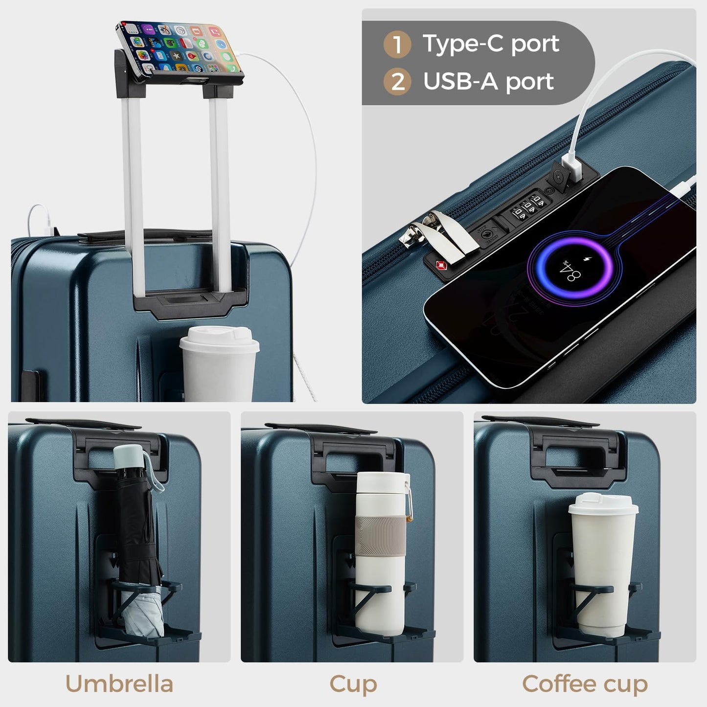 CASELLY Carry on Luggage Top opening Suitcases, Expandable with Cup Holder and USB Charging Port,Lightweight with Front Pocket Rolling Suitcases with Spinner Wheels