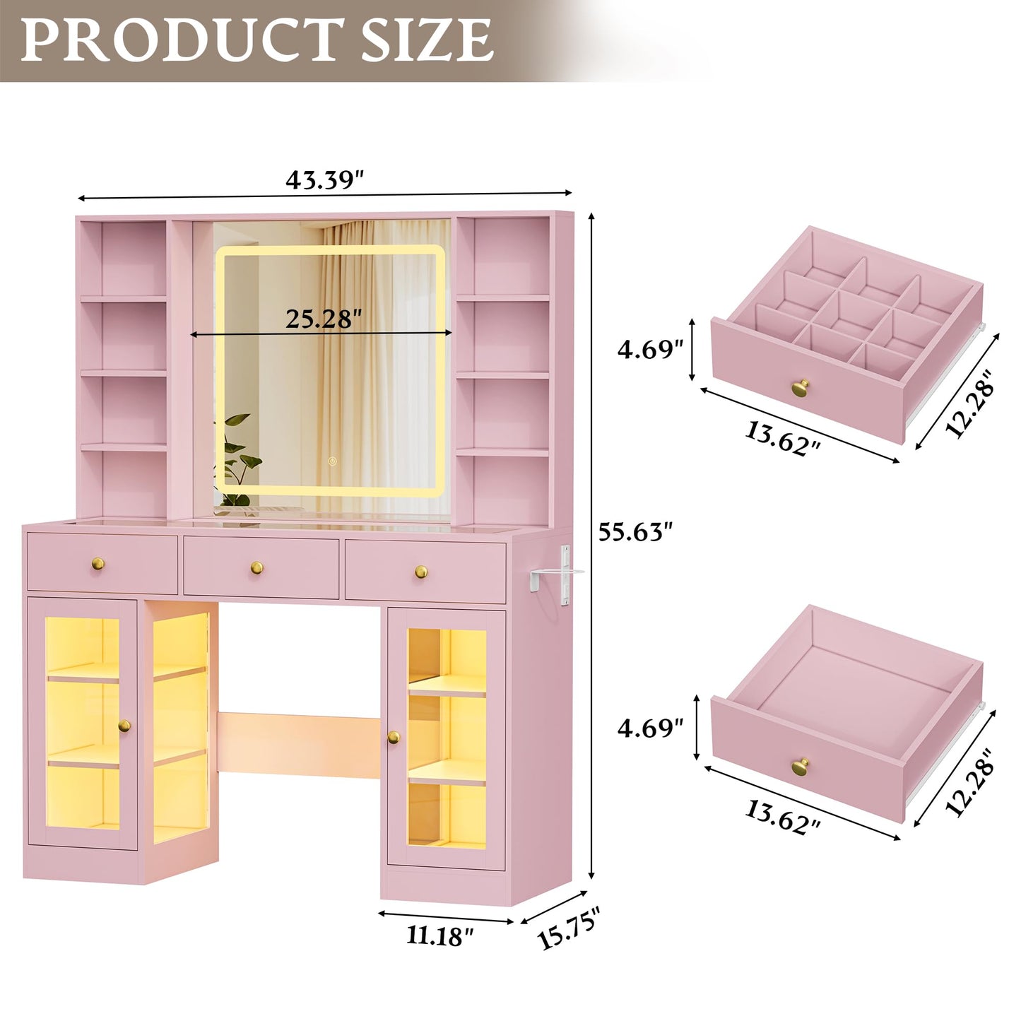 Makeup Vanity Desk with HD Lighted Mirror & Power Outlet, Glass Top Vanity Table Set with Storage Drawers & RGB Cabinets, Large Dressing Table with 3 Lighting Modes for Bedroom Women Girls Kids, Pink