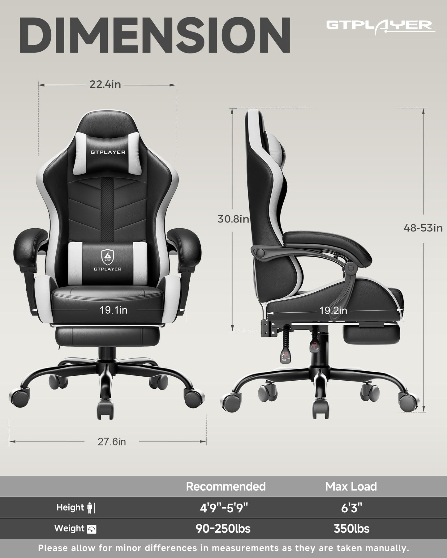 GTPLAYER Gaming Chair, Ergonomic Game Computer Chairs with Foot Rest for Adults, Adjustable PC Game Chair with Reclining Function and Comfortable Headrest for Home and Office Use (White)
