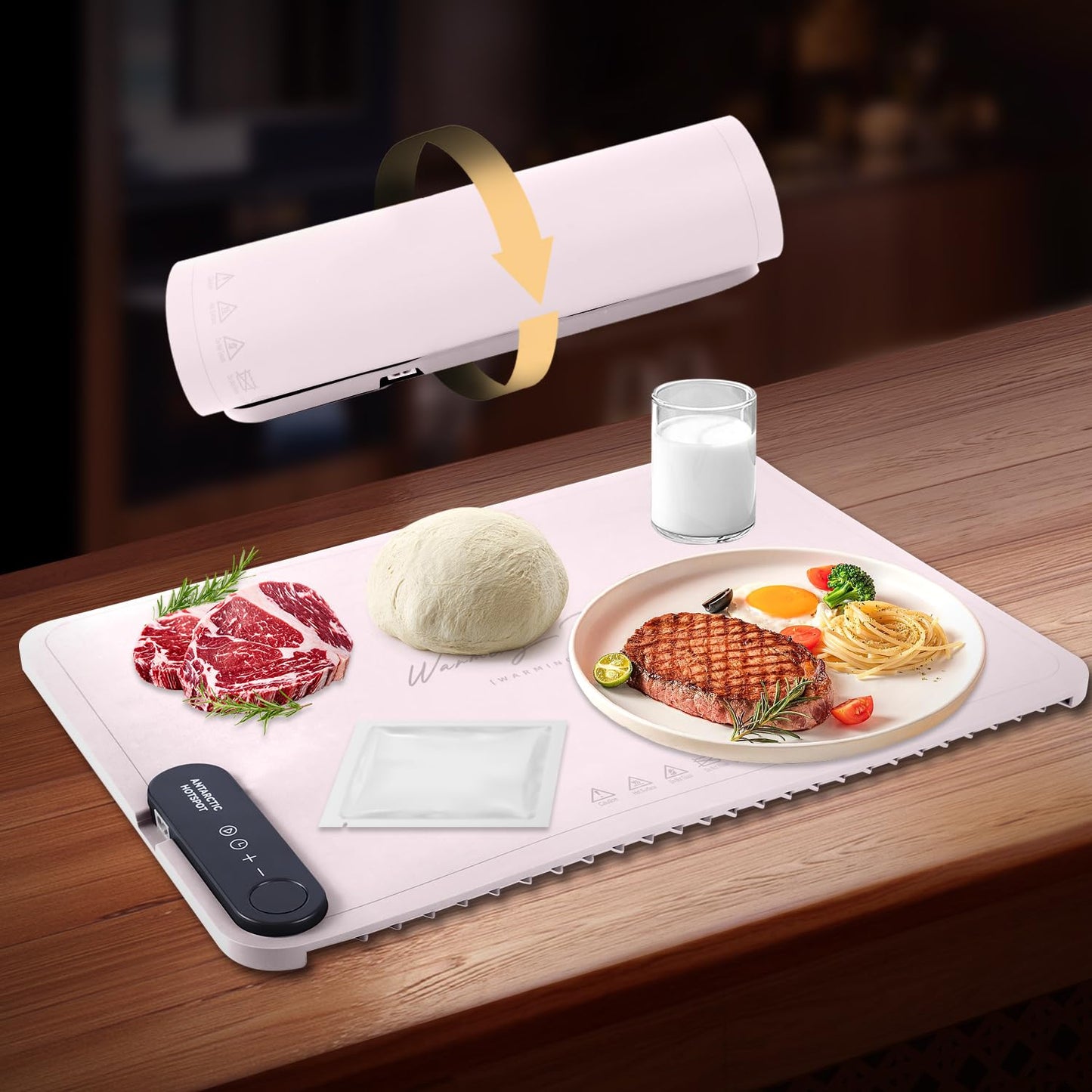 Revolutionary Rollable Full Surface Heating Warming Mat for Food Party Buffet Daily Use, Portable Electric Silicone Defrosting Tray, Hot Plate Keep Food Warm (Light Pink)