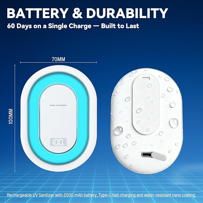 Smart Toilet UV-C Sanitizing & Odor-Control System – Motion-Activated, Chemical-Free Automatic Deodorizer with Safety Sensor & Long-Life Rechargeable Battery