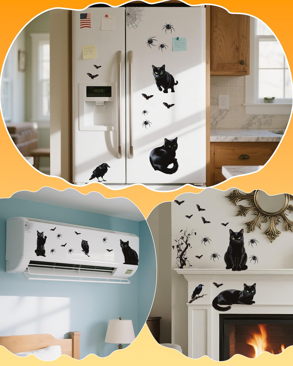 ALKB Halloween Window Clings Stickers - Halloween Window Decorations with Scary Spider Web Black Bat & Cat, Reuseable Double Sided Halloweens Static Clings for Home Decals