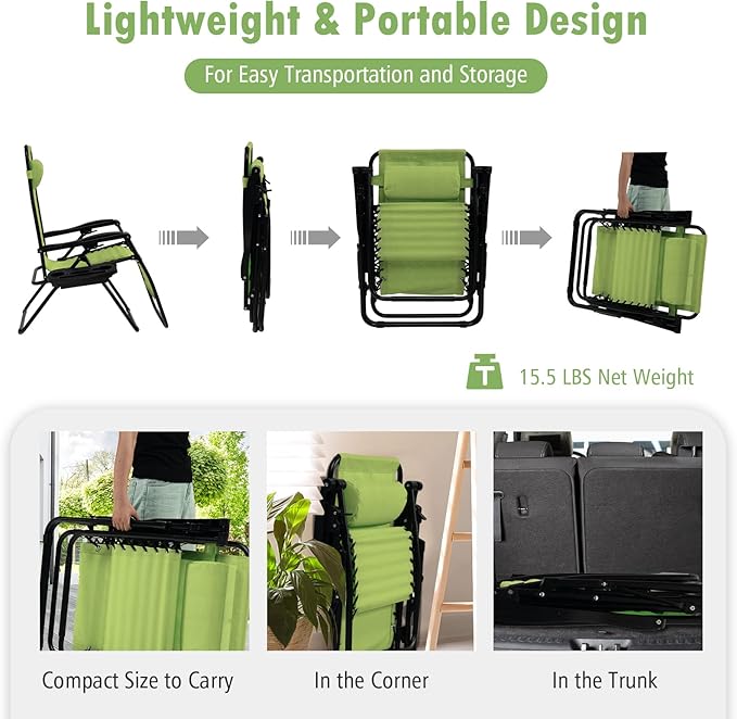 Tangkula Set of 2 Zero Gravity Chair, Folding Patio Lounge Chair Adjustable Outdoor Recliner with Cup Holder, Wide Armrest for Patio Garden Poolside Outdoor Yard Beach, Support 350 lbs (2, Green)