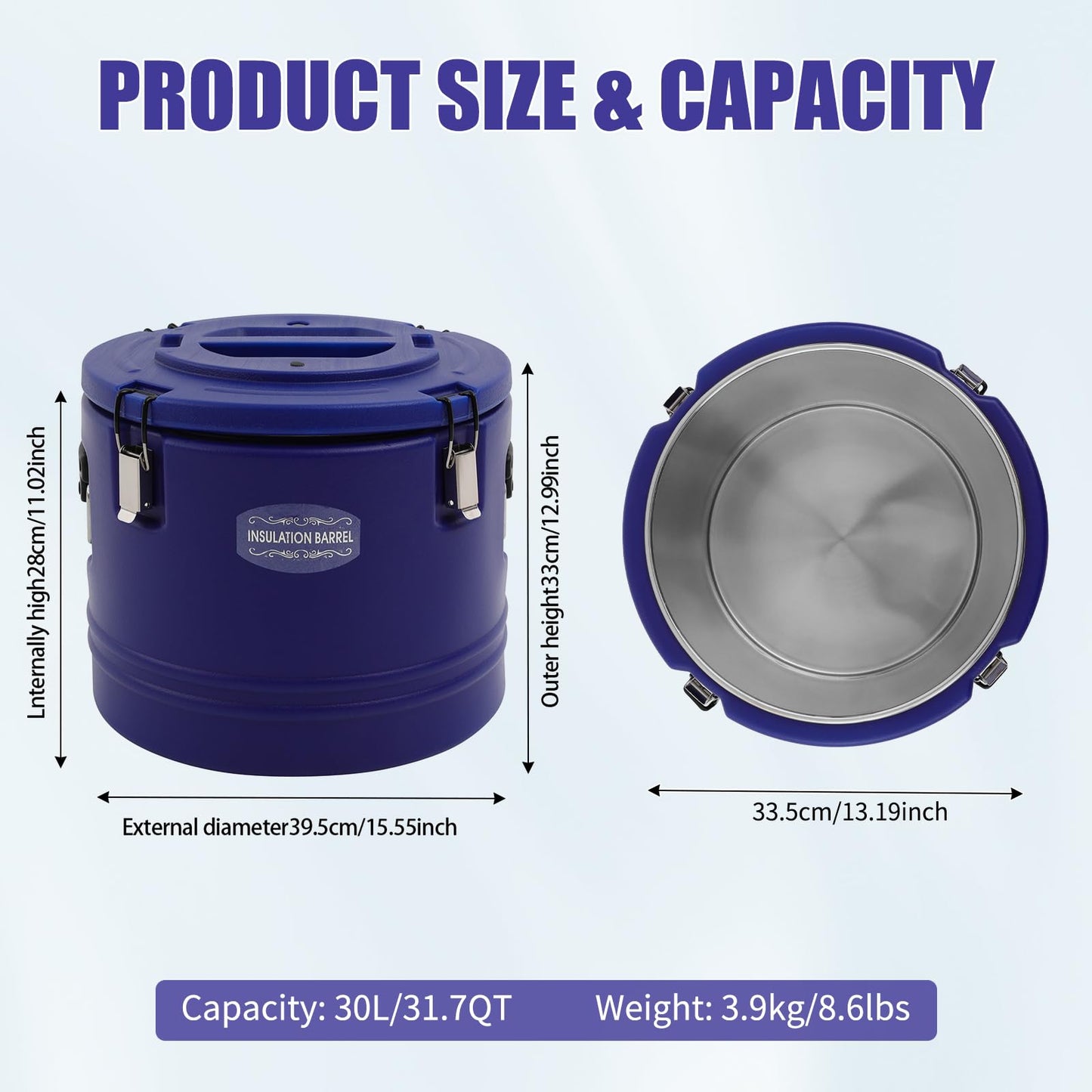 32QT Insulated Soup Container 7.9 Gallon Commercial Food Warmer for Hot&Cold Food, Hot Box for Catering, Food Cooler Soup Carrier for Restaurant, Canteen 6H Insulation Time (Blue)
