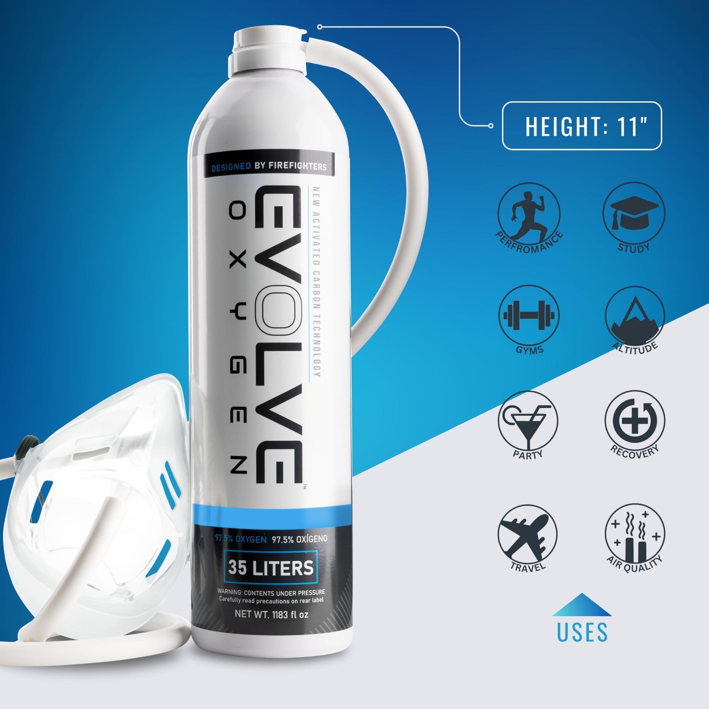 EVOLVE 35-Liter Pure Oxygen Canister with Mask and Tube | Portable Oxygen Can | Ideal for Home Use and Outdoor Activities | Designed by Firefighters | Made in The USA | Pack of 1