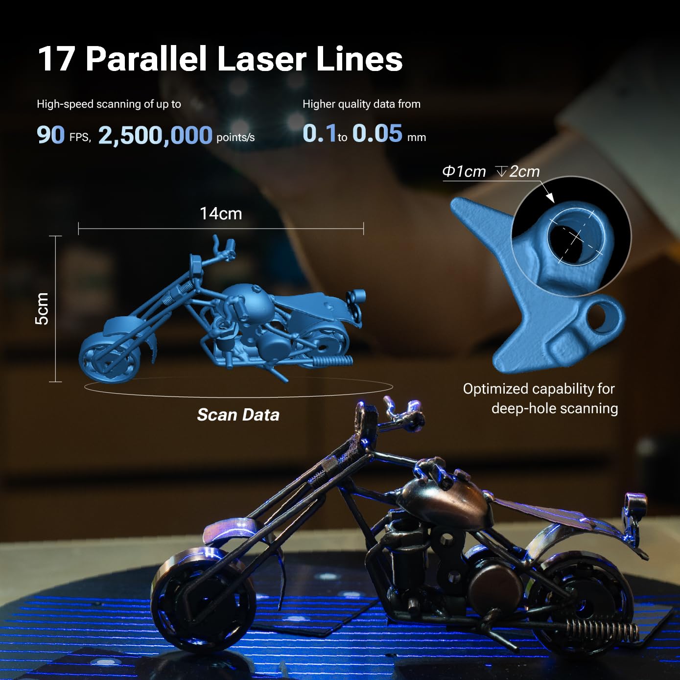 EINSTAR 2 Wireless 3D Scanner, 17 Parallel Blue Laser and Infrared Light, 0.05mm High Resolution, 90 FPS High Scanning Speed, Support 3D Printing, Reverse Engineering, Art and Design, AR/VR