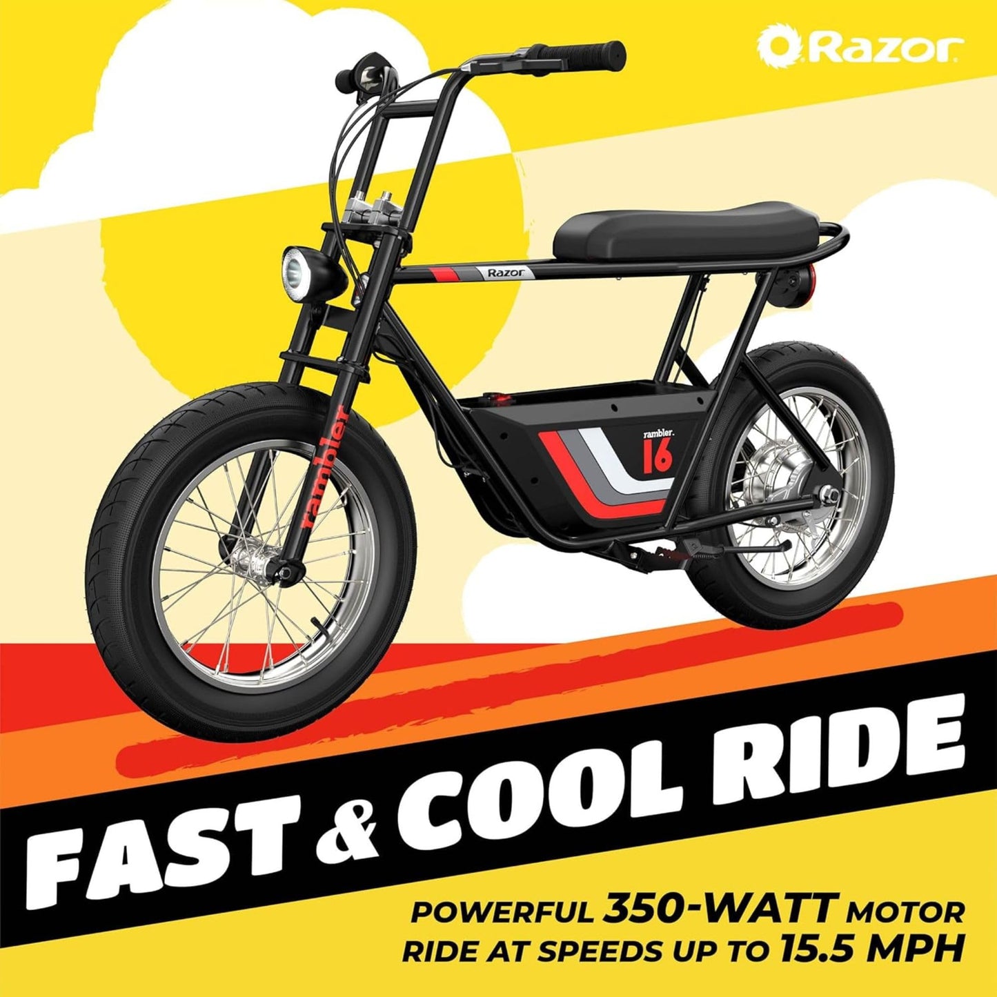 Razor Electric Bike for Ages 18+, 220 lb Max Weight, Black, w/ 350W Motor, 16” Tires & 36V Battery, Up to 15.5 MPH, Rambler 16 – Rechargeable Minibike for Teens and Adults