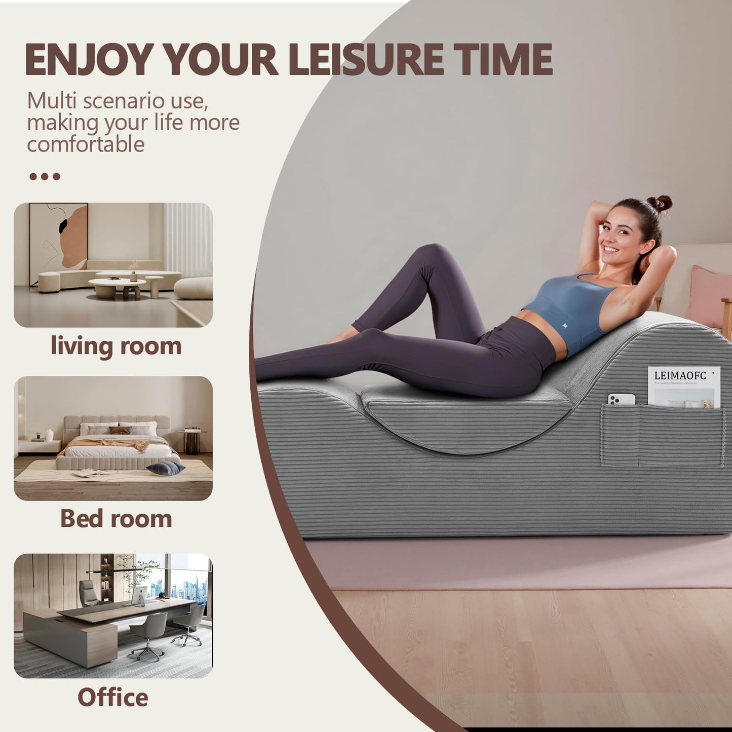 Yoga Chair Lounge for Adult, Ergonomic Chaise Lounge Chair with Side Pocket, Headrest, Waist Pad, Perfect for Stretching, Massage, and Relaxation, Used in Living Room, Bedroom（Grey）