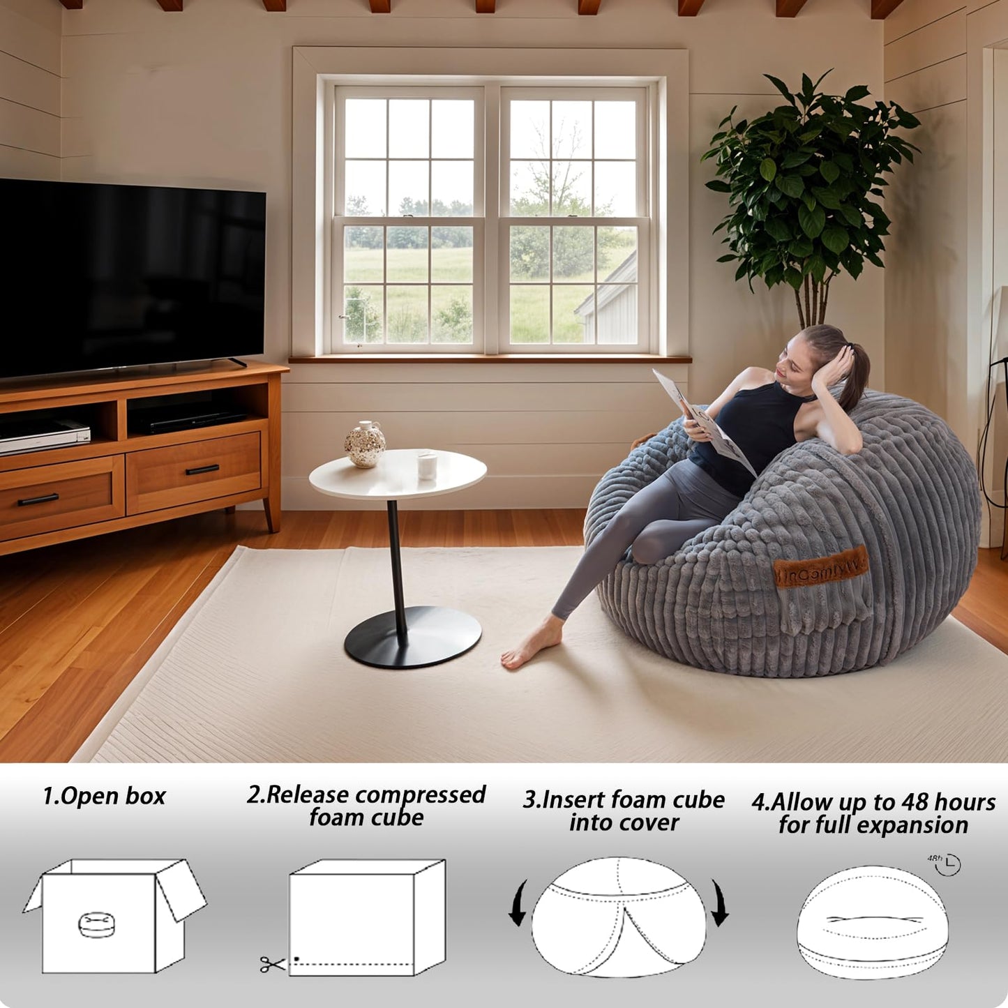 MinComfyWo 4ft Bean Bags Chair for Adults, Giant Beanbag Chair with Memory Foam Filled, Soft Comfy Large Bean Bag Couch Big Sofa Bed for Living Room Bedroom (Grey)