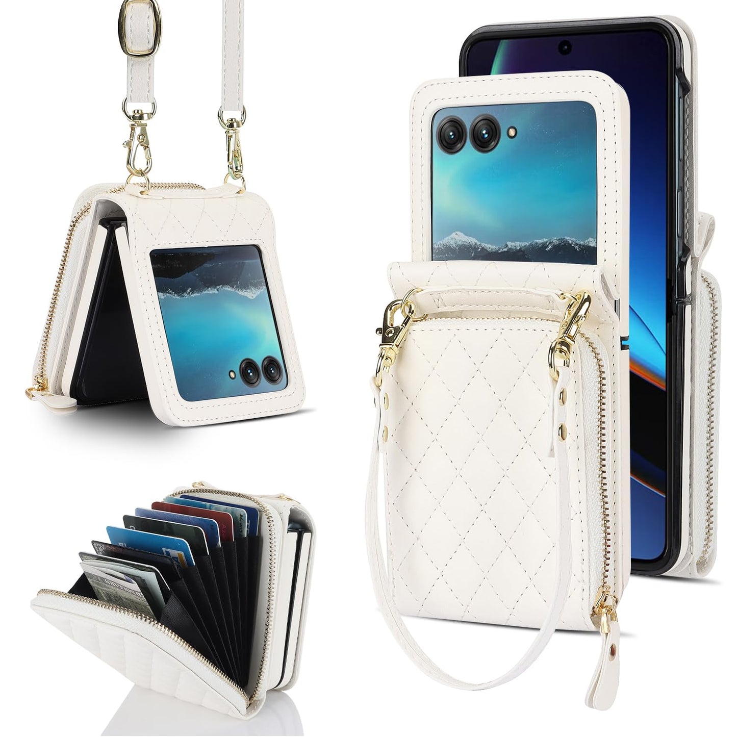 Ninki Compatible For Motorola Razr 2024 Plus Case With Card Holder,Leather Case For Moto Razr 2024 Plus Finger Loop Strap Anti-F