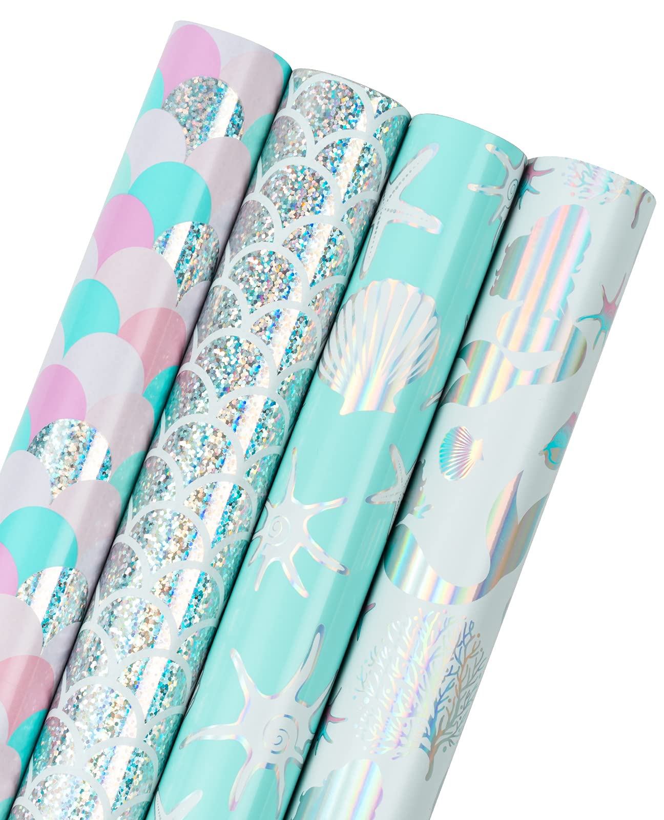 WRAPAHOLIC 30 Inch Mermaid Wrapping Paper - Jumbo Roll Colorful Foil Girls Wrapping Paper for Kids Girls Birthday, Baby Shower - 4 Rolls - 30 Inch X 120 Inch Per Roll