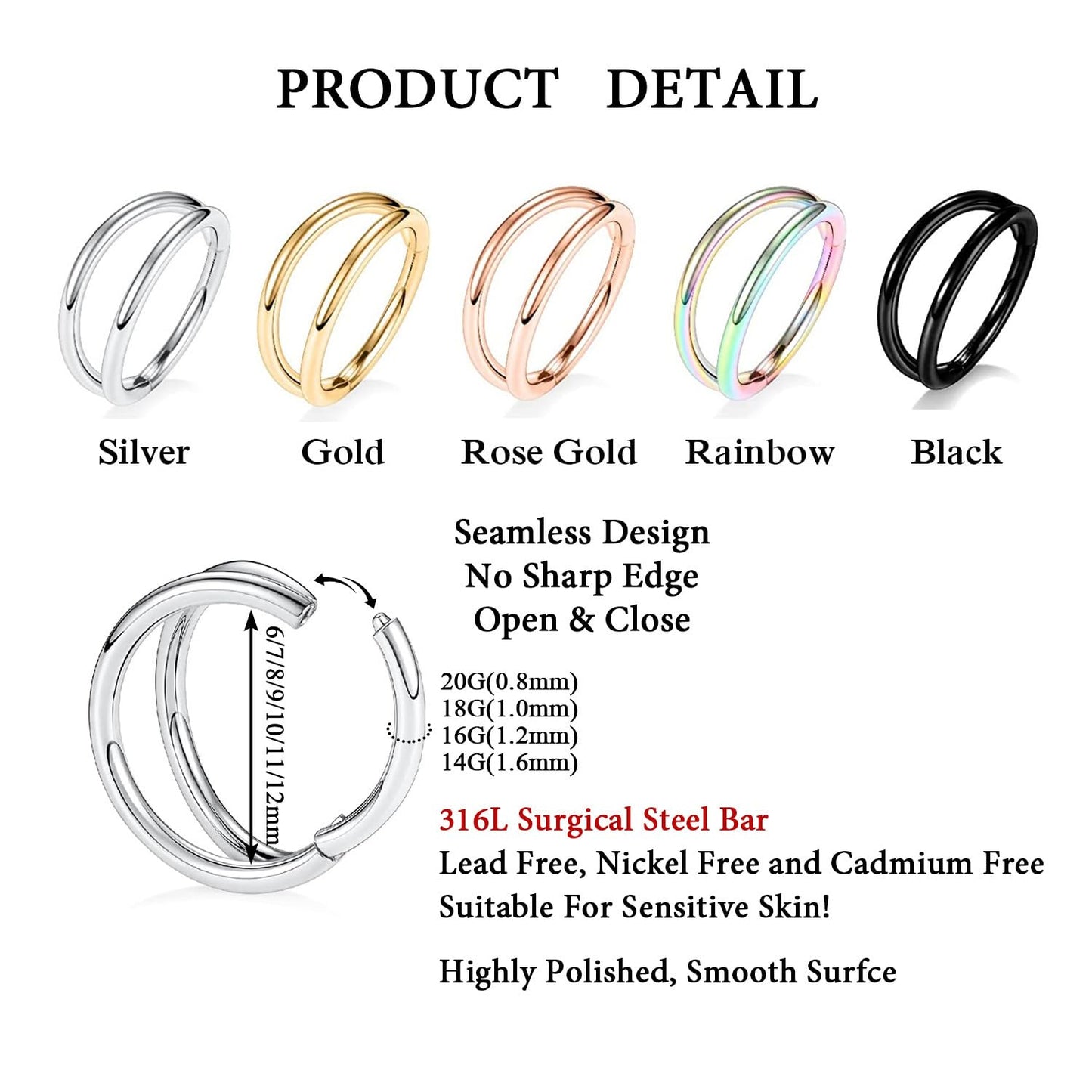 FUNLMO Tragus Helix Conch Rook Daith Piercing Jewelry Double Hoop Nose Ring Septum Ring Nose Ring Cartilage Hoop Earring 316L Su
