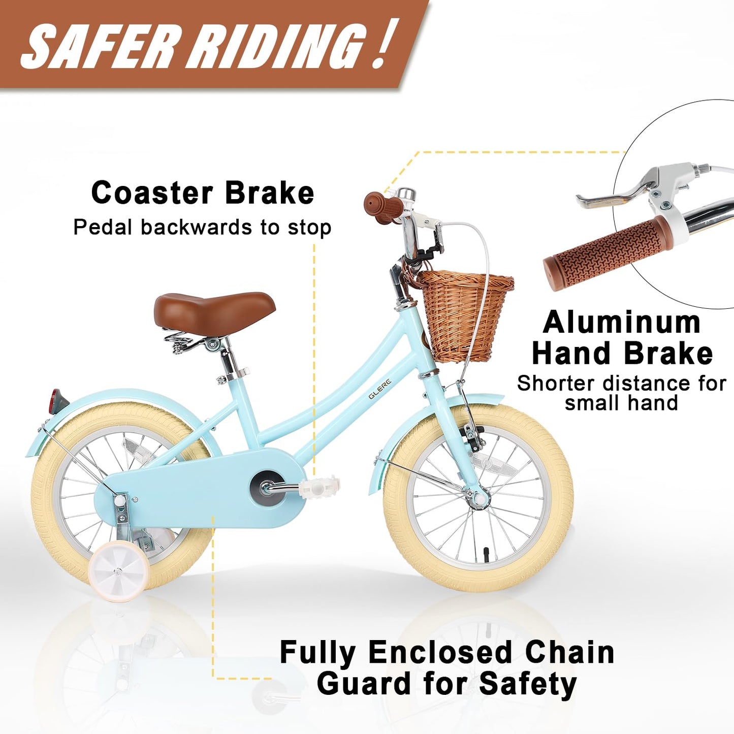 Glerc ‎Little Molly 12 Inch Kids Bike, Retro Cruiser Girls Bicycle for Children Ages 2-4 Years Old, Toddler Bike with Wicker Basket & Training Wheels, Blue