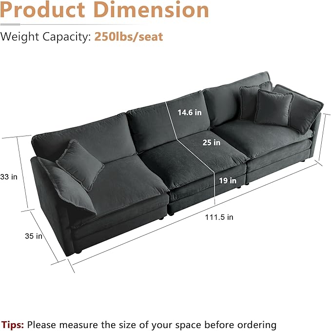 mikibama Luxury Modular Sectional Sofa, 111.5" Modern Chenille Comfy Cloud Couches for Living Room Office, 3 Seater Deep Sofa with 2 Armrest Pillows and 3 Toss Pillows, Grey