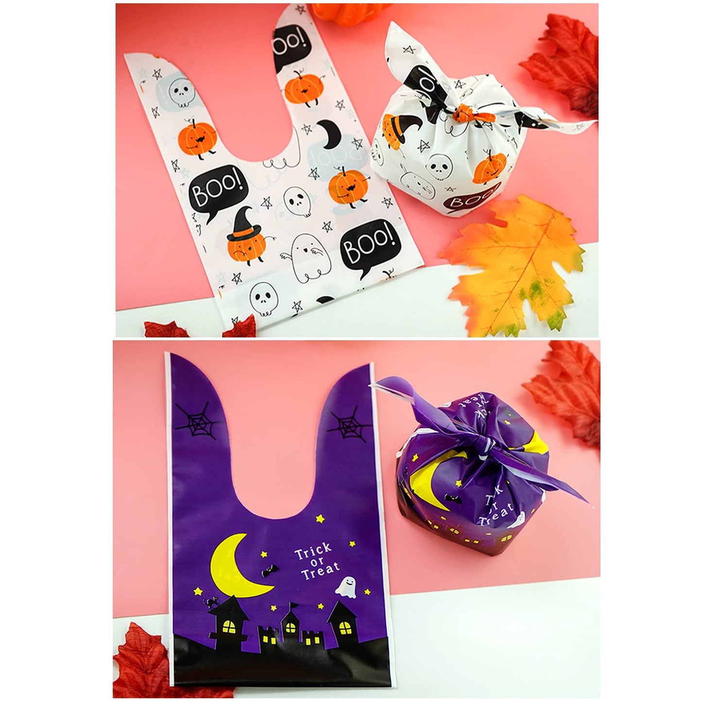 BPNHNA 50Pcs Halloween Goodie Bags Pumpkin Ghost Treat Candy Bags Ear Tie Cookies Bags Gift Bags for Party Favor(White)