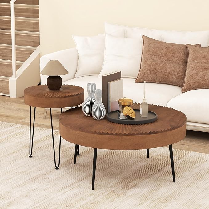 Giantex Boho Round Coffee Table Set of 2, Sofa Side Nesting Table with Solid Pine Wood Top, Metal Legs & Adjustable Foot Pads, 31.5" D Large Table Set for Living Room (Radial Pattern, Brown)