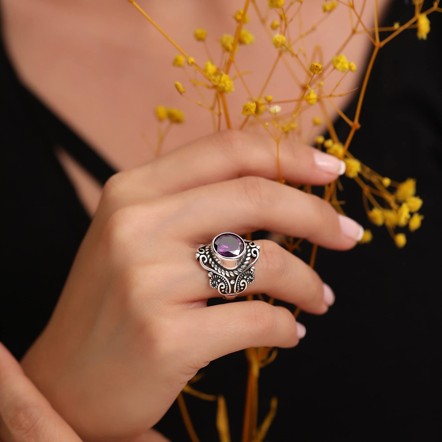 Genuine 925 Sterling Silver Round Shape Brilliant Cut Cz Cubic Zirconia Purple Amethyst Color Stone Luxury Statement, Anniversary, Birthstone or Gift for All Occasions Filigree Ring for Women (6)